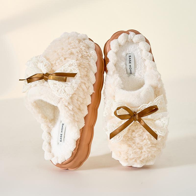 Bow cotton slippers female cute autumn and winter new home warm thick bottom ladies couple household fluffy slippers