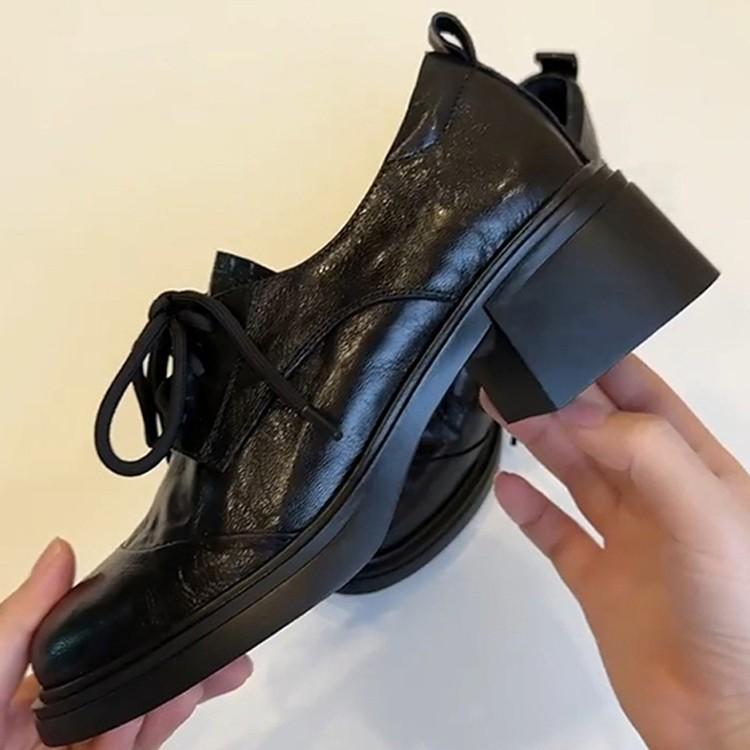 Washed soft leather~ British retro round head lace-up loafers commuting versatile thick heel small leather shoes women's casual single shoes