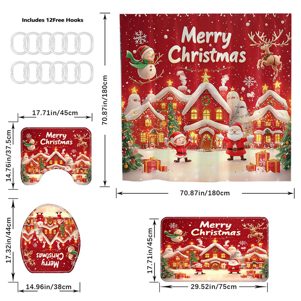 4Pcs Christmas Shower Curtain Set Non-Slip Bathroom Decoration Set Waterproof Home Bathroom Decor Suit Festival Gift for Friends