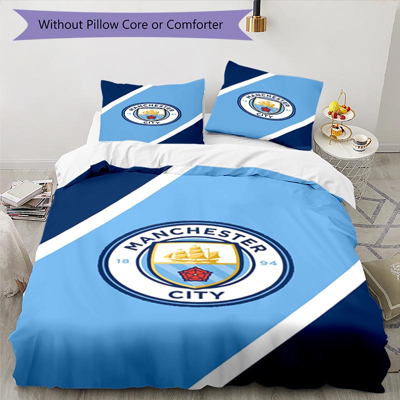 3pcs Manchester City Bedding Set Duvet Cover Closure Includes 1 Duvet Cover & 2 Pillowcases, Soft and Comfortable for All Seasons.