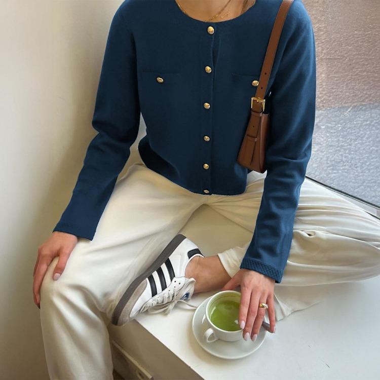 Elegant Women Knit Cardigan Crop Top Slim Fit Long Sleeve Round Neck Button Down For Daily Office Wear S синий