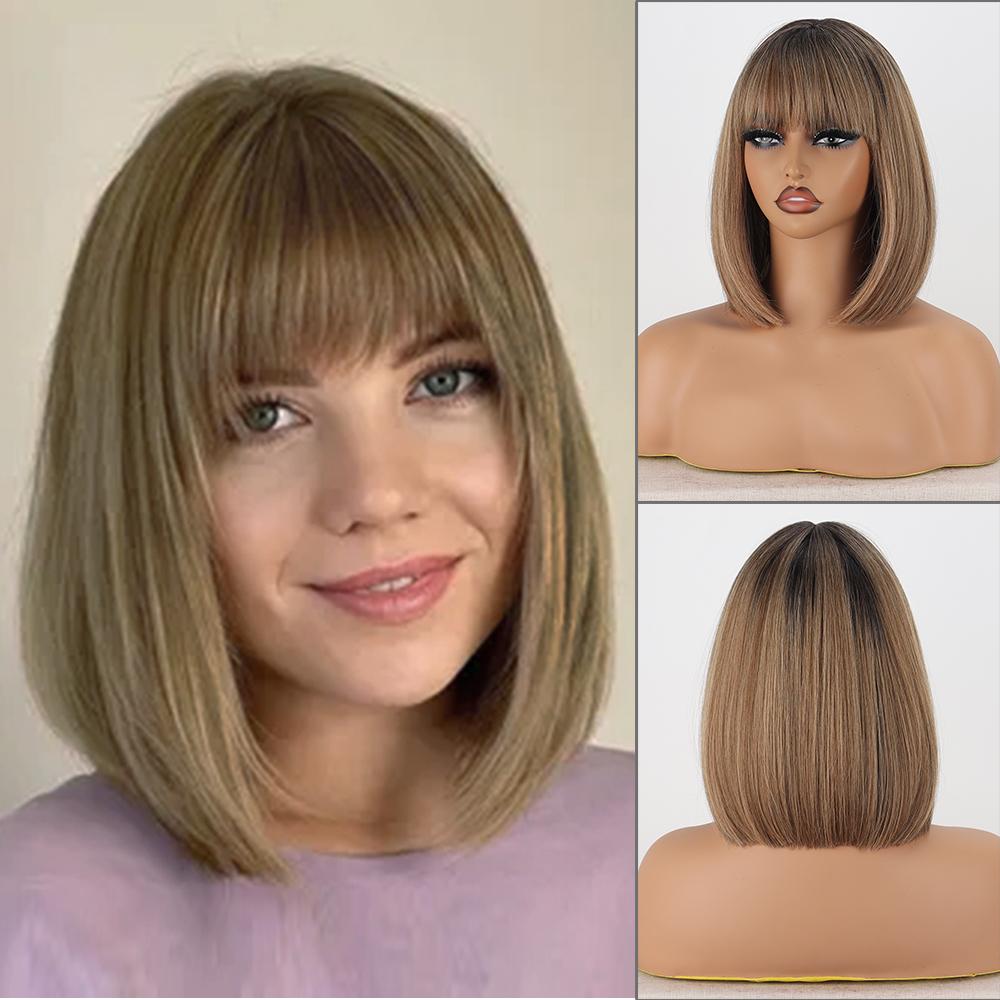MISS WIG Damskie krótkie proste fioletowe peruki Bob do ramion z grzywką syntetyczne włókno naturalne proste peruki Bob Cosplay