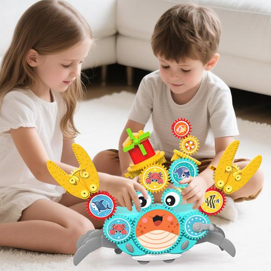 Electric Walking Gear Crab Toy with Music Light Cartoon Crawling Crab DIY Assembly Toy Toddlers Boys Girls Interactive Animal Musical Toy
