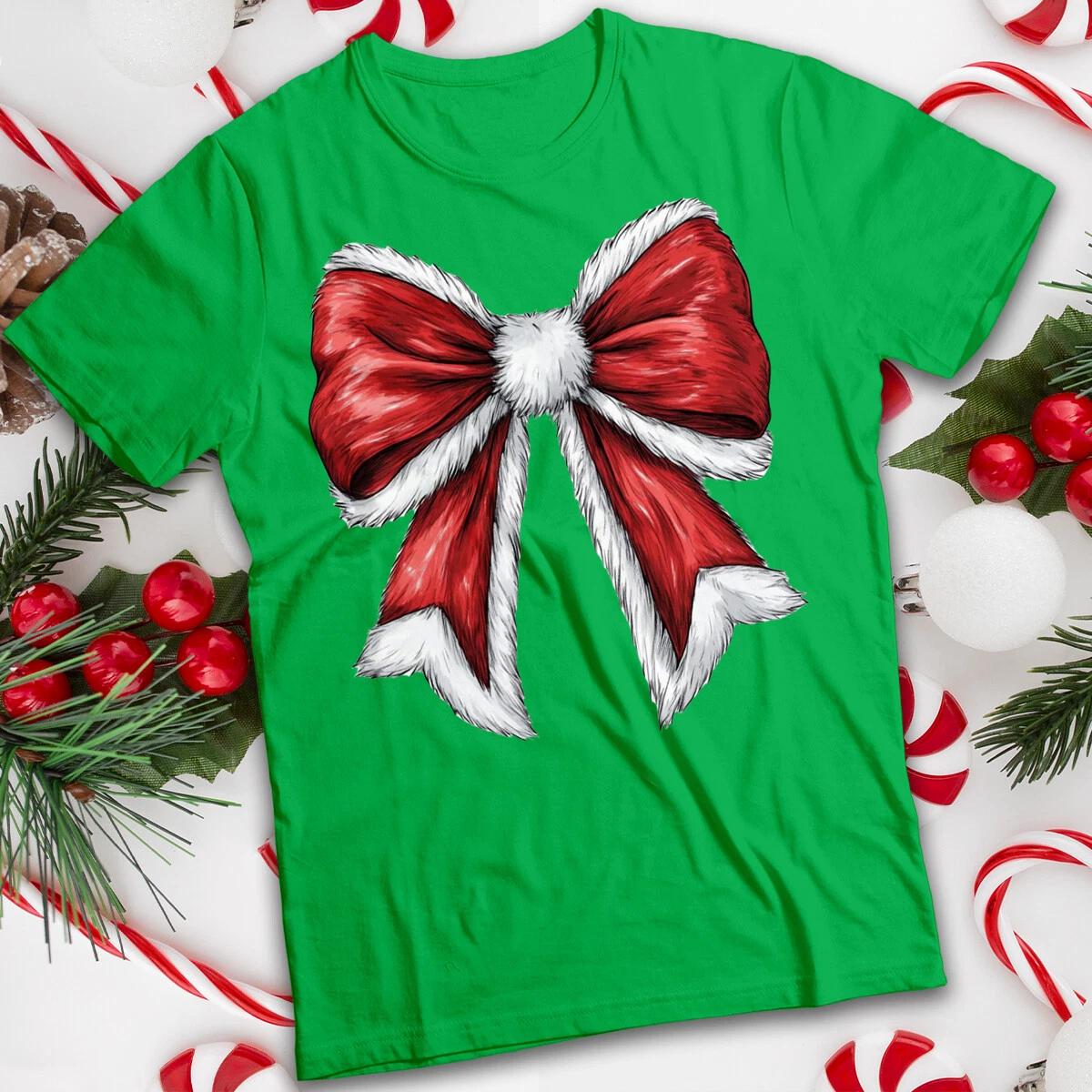Mens and Womens Winter Red Bow Christmas T-Shirt Tee #MC L