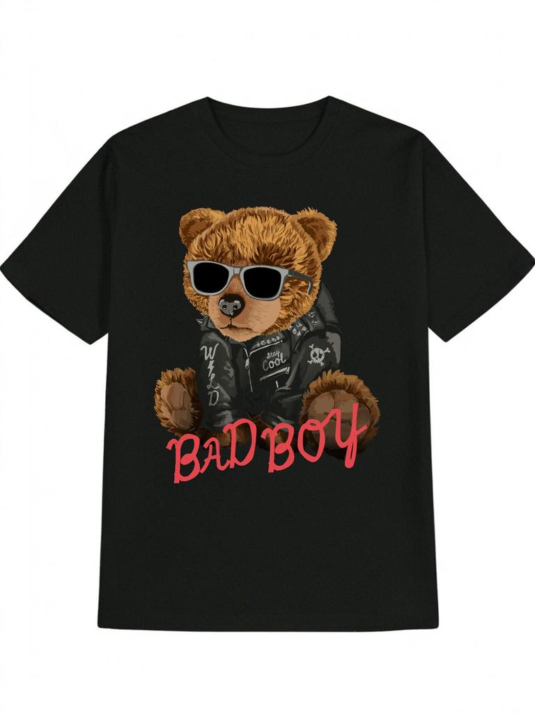 Lässiges Grafik-T-Shirt mit Cartoon-Bär, Modebrille & BAD BOY Aufdruck - Schwarzes Rundhals-Sommer-T-Shirt