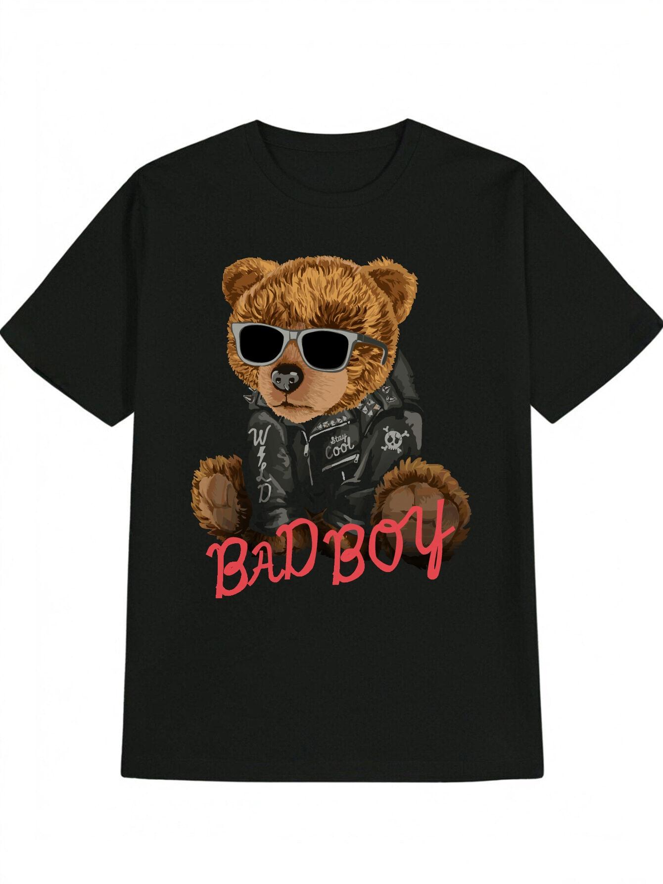 Casual Graphic T-shirt with Cartoon Bear Fashion Glasses & BAD BOY Print - Black Round Neck Summer Tee S