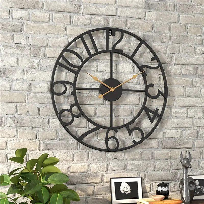 A84X-Rustic Metal For Living Room Wall Clock-Vintage 16 Inch Round Silent Non-Ticking Battery Operated Clock