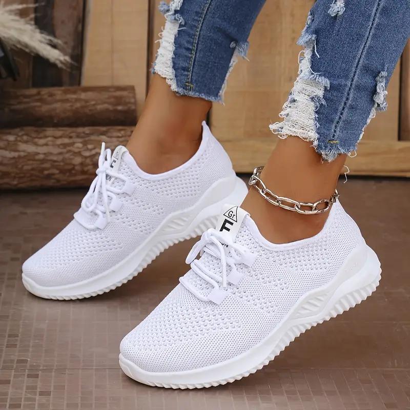 Womens Breathable Knitted Thick Sole Sports Shoes Casual Laced Outdoor Shoes Comfortable Low Top Running Shoes