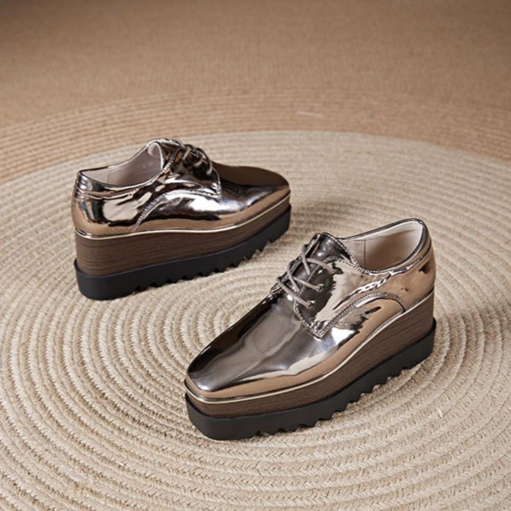2026 Autumn Women Square Toe Patent Leather Wedge Platform Pumps, British Style Height‑Increase Versatile Thick‑Sole Casual Leather Shoes HZB‑761‑8