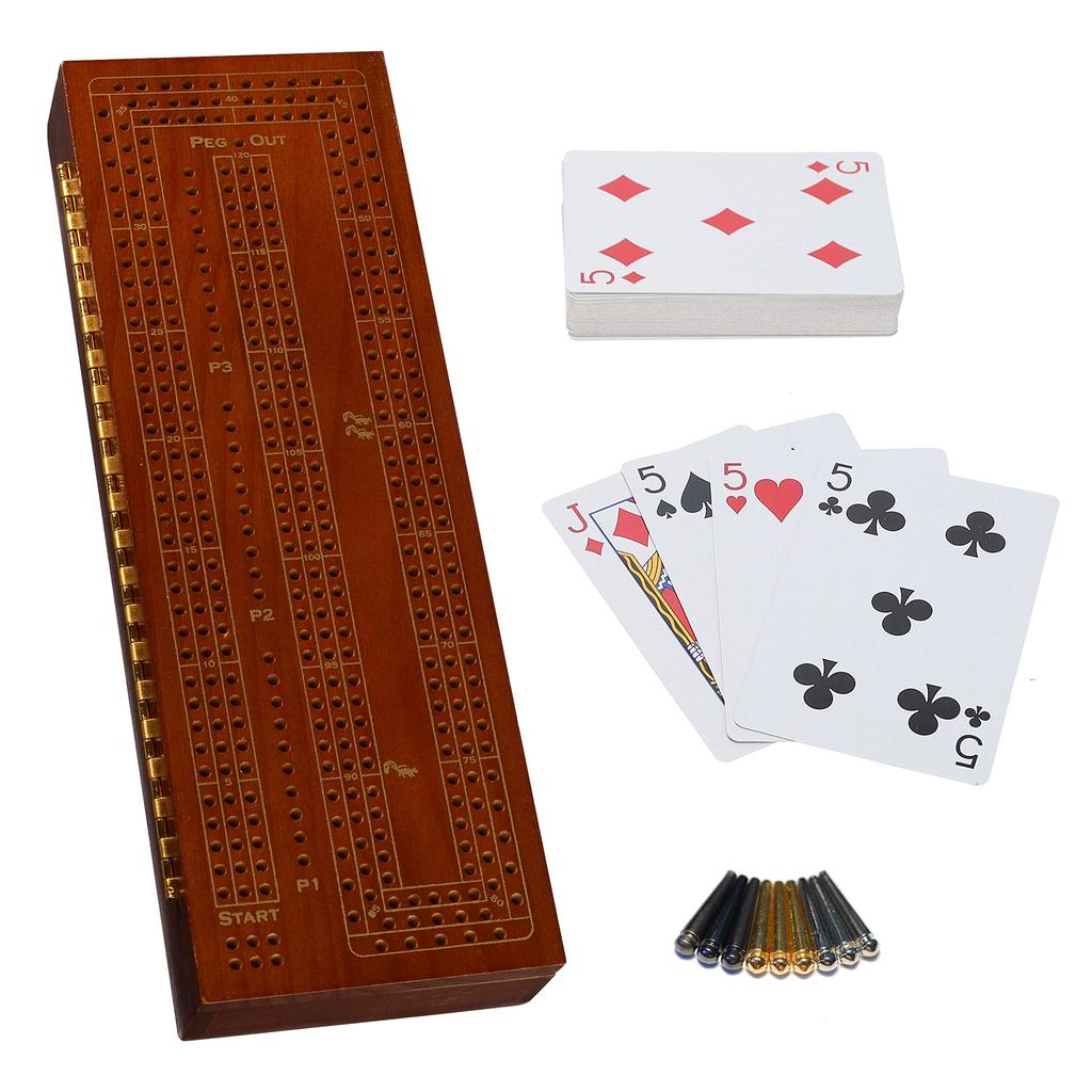 WE Games 3-Player Wooden Cribbage Set - Easy-Grip Pegs and 2 Decks of Cards - Walnut Stained