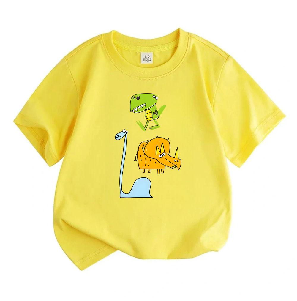 Kids Boys Girls 100% Cotton Crew Neck Short Sleeve T-Shirt, Funny Cartoon Dinosaur Print Casual Comfy Tee for Toddler Children Daily Outdoor Play Wear