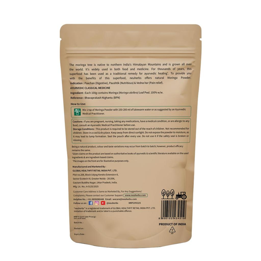Polvo de Hojas de Moringa Neuherbs 200g Superalimento Puro Para Energía, Digestión y Apoyo Inmunológico Natural