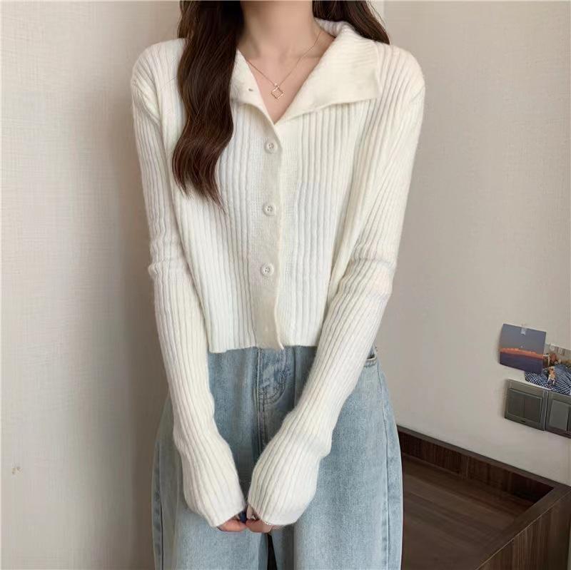 Elegant Stand Collar 100% Wool Knitted Cardigan - Slimming Long Sleeve Sweater Coat for Autumn & Winter