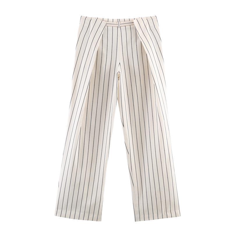 Spring 2026 Striped Fluffy Sleeve Shirt with Pleated Pants Set