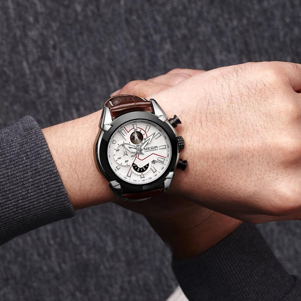 Megir Vojenské sportovní hodinky pánské luxusní kožené vojenské hodinky značky Quartz Hodiny pánské kreativní chronograf