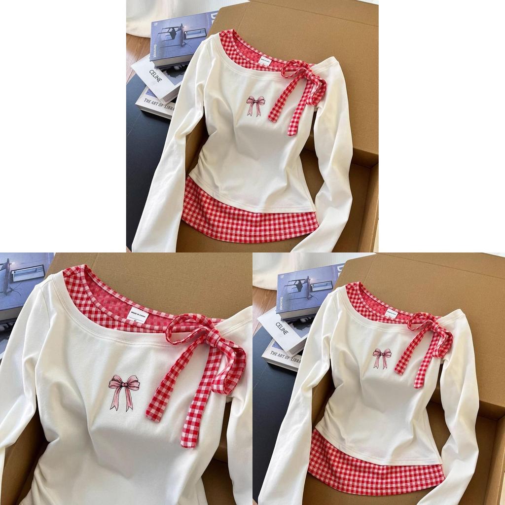 Girls Long Sleeve T Shirt With Colorblock Plaid Pattern For Spring Casual Wear