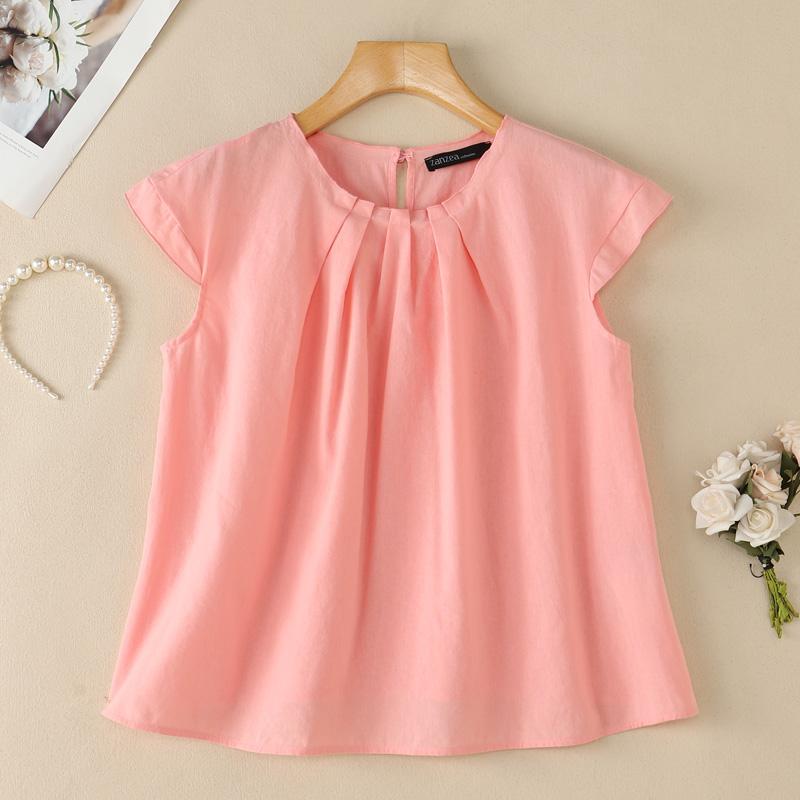 ZANZEA Women Casual Round Neck Solid Color Short Sleeve Cotton Blouse S розовый
