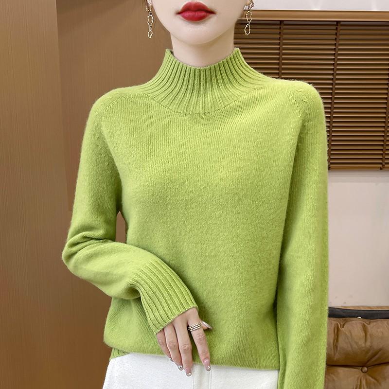 Women's Pure Wool Half-High Collar Loose Knit Sweater - Thickened Autumn/Winter Base Layer Pullover