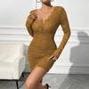 Autumn Winter Women V Neck Sexy Lace Slim Fit Long Sleeve Dress Party Mature Style French Retro Patchwork Slim Sexy Elegant Women Maxi Dress