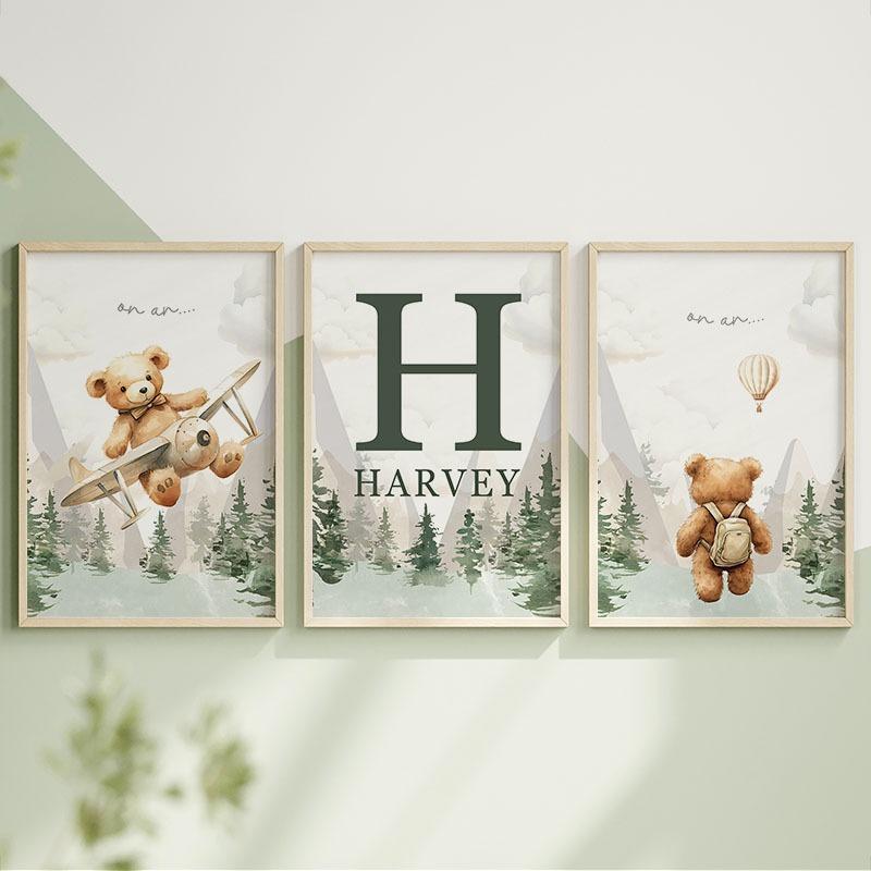 Ursulet Balon cu Aer Cald Avion Pădure Artă de Perete pentru Camera Copiilor Pictură pe Pânză Postere Imprimeuri Personalizate cu Nume Imagini Decor Camera Bebelusilor Copiilor