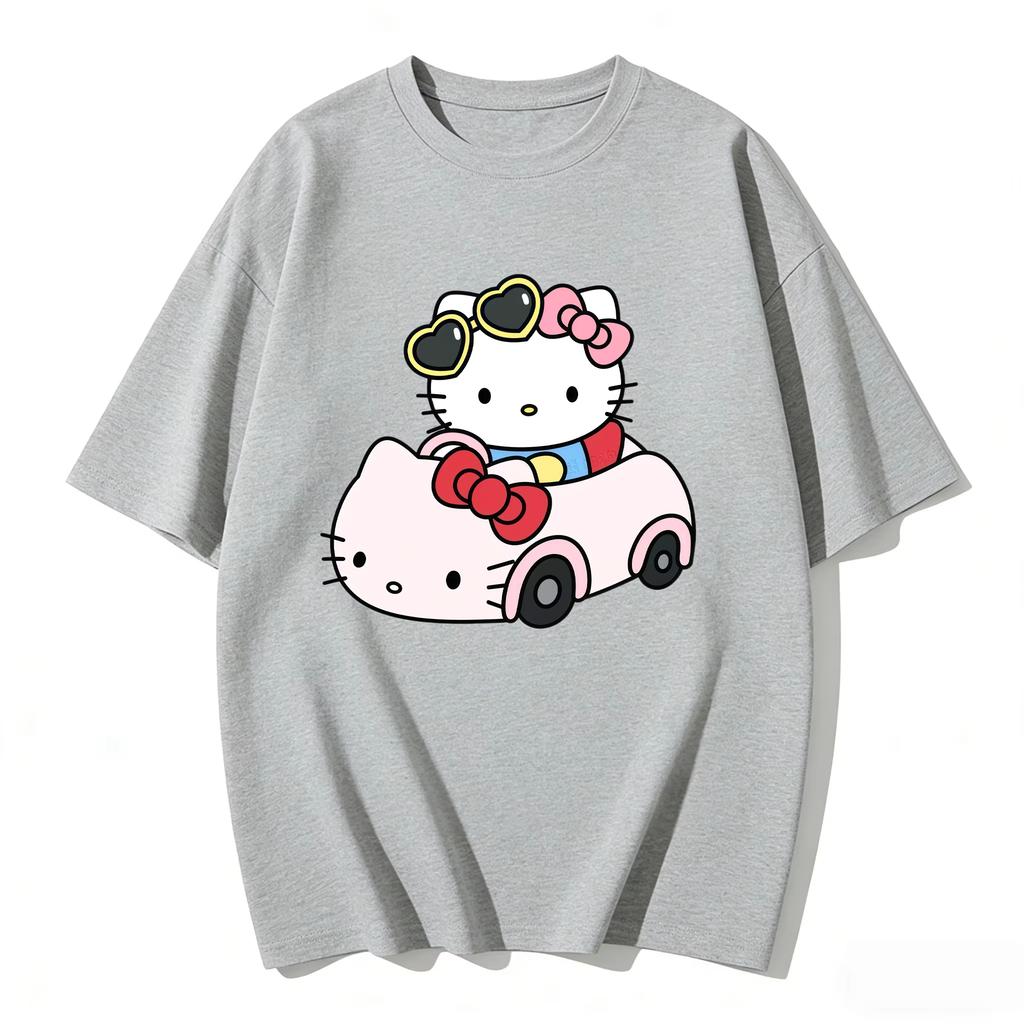 2026 New Summer HelloKitty Cute Graphic Tee Casual Short Sleeve Cotton Top for Women Girls Kawaii Cartoon Print Streetwear