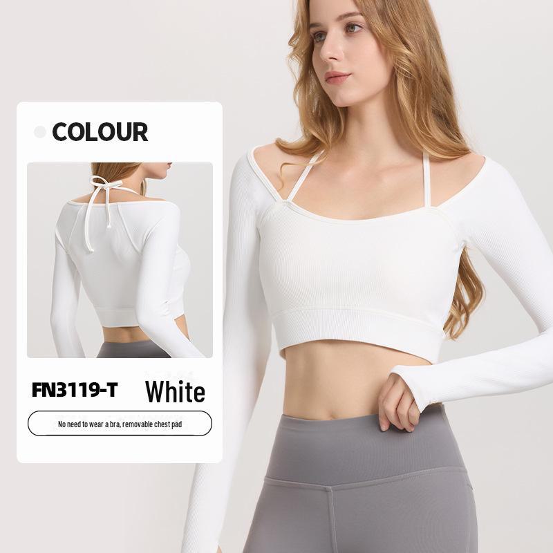 Damen Langarm Yoga Oberteil mit Brustpolster - Neckholder, Bauchnabelfrei, Hochelastische Fitnessbekleidung