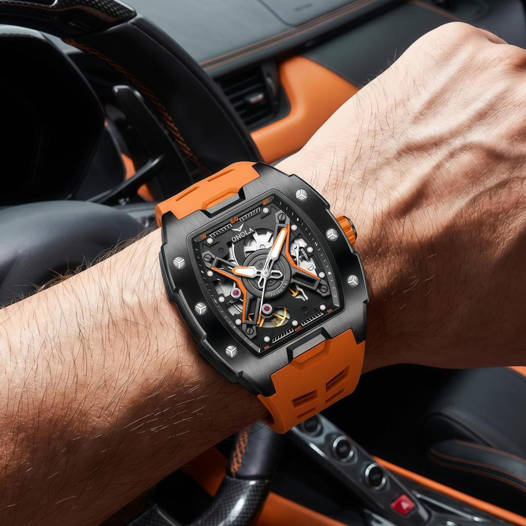 Luminous Skeleton Self Winding Mechanical Watches for Men Tonneau Shape Waterproof Sports Watch Rubber Strap