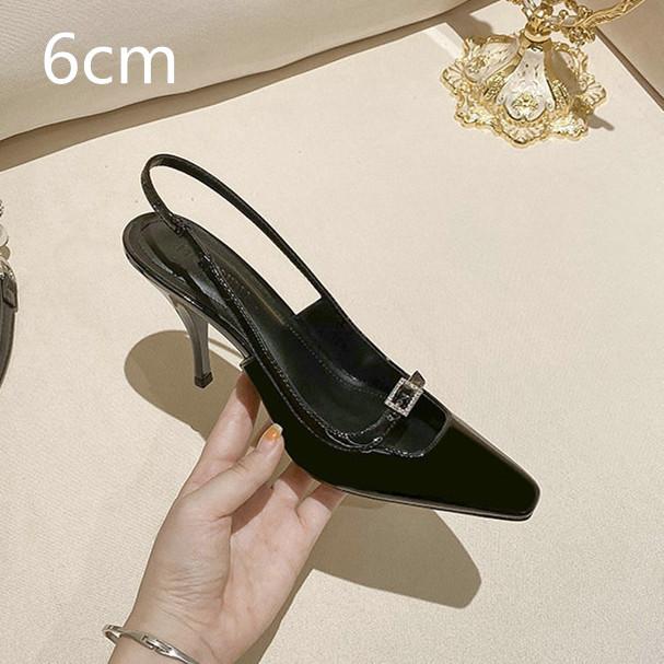 Fashion Baotou Sandals Women Diamond Buckle New Thin Heel Square Hollow Sexy Black Patent Leather Kitten Heels