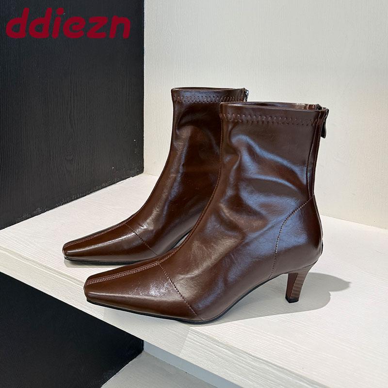 Módní Moderní Dámské Kotníkové Boty na Podpatku Obuv Špičatá Špička Módní Strečové Dámské Krátké Boty Zipy Boty Dámské Lodičky