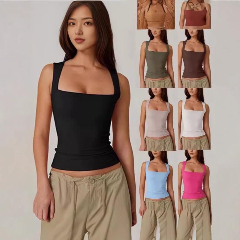 Summer Women's Square Neck Sleeveless Double Layer Tank Top Basic Tight T-shirt