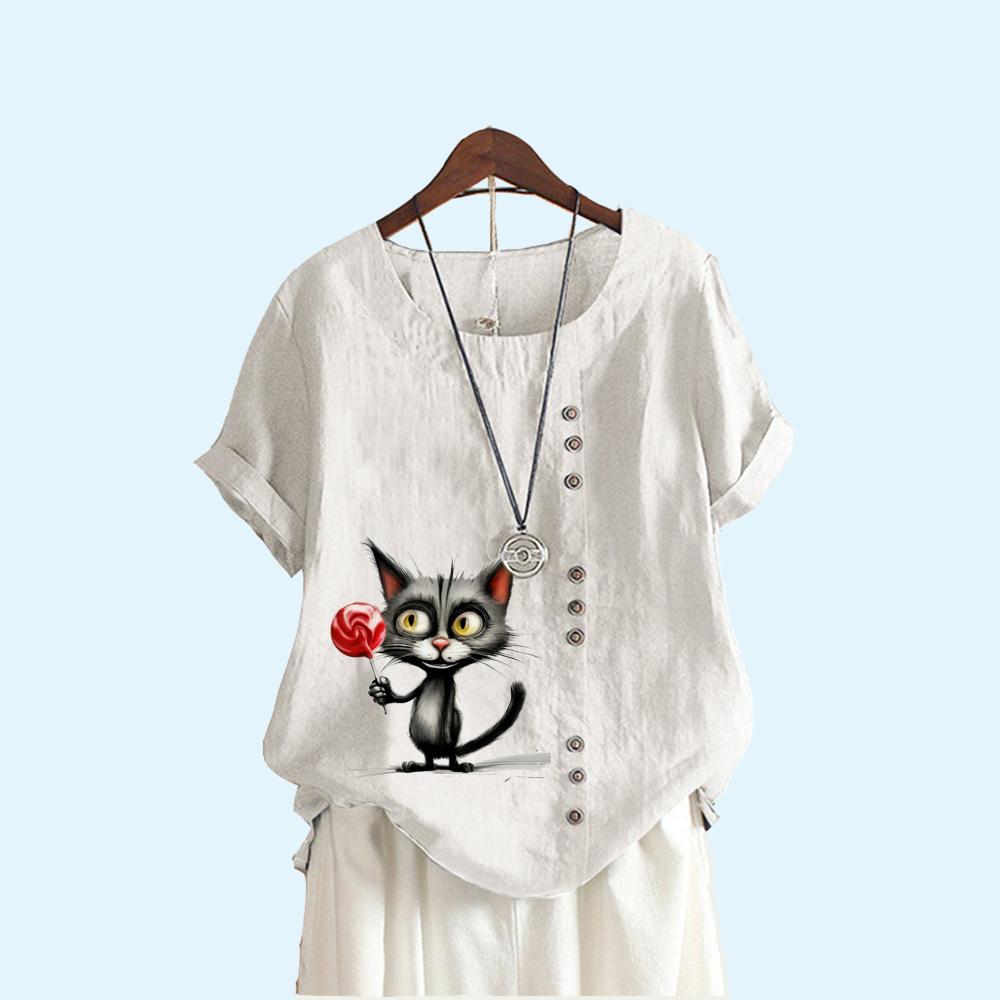 Women Loose Linen Blouse Women Fashion Round Collar Cat Print Top Summer Casual Short Sleeved T-shirt