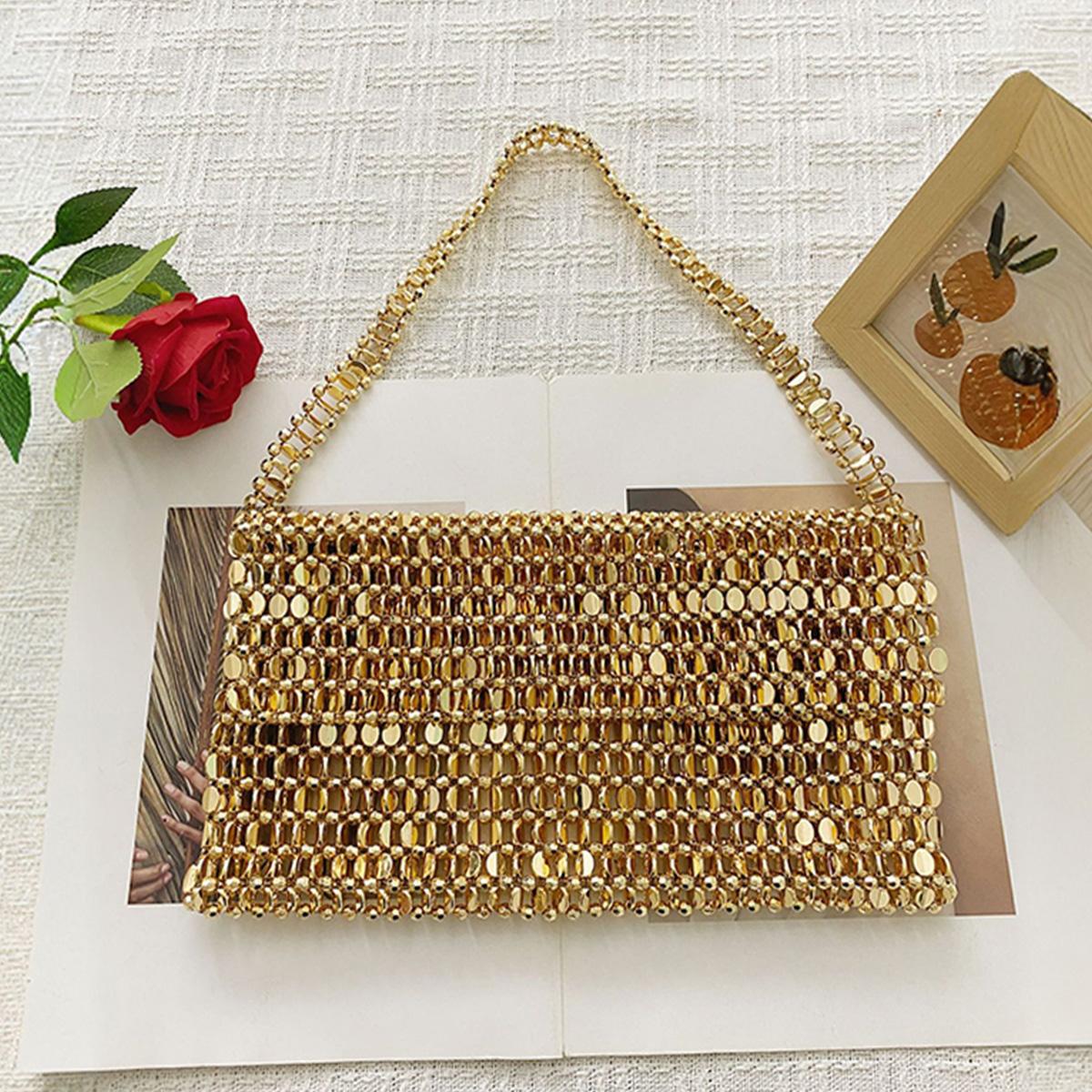 Retro Metal Sequin Silver Bag for Women s 2024 New Bag, Hand Woven High-end Feel Handbag, Shoulder and Underarm Bag золотой