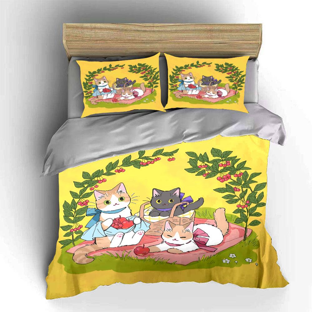 Cute Cats Picnic with Fruits Bedding Duvet Cover Set Duvet Cover Pillowcases (1*Duvet Cover 2*Pillowcases, Without Duvet Insert)