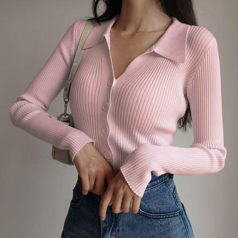 POLO Neck Pullovers Sweaters Women Spring Autumn Primer Shirt Long Sleeve Short Turn-Down Collar Hollow Buttons Knitted Tops Solid One Size