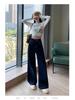 Women's High-Waist Straight-Leg Jeans with Leather Patch - Blue Wide-Leg, Floor-Length Denim for Autumn and Winter.