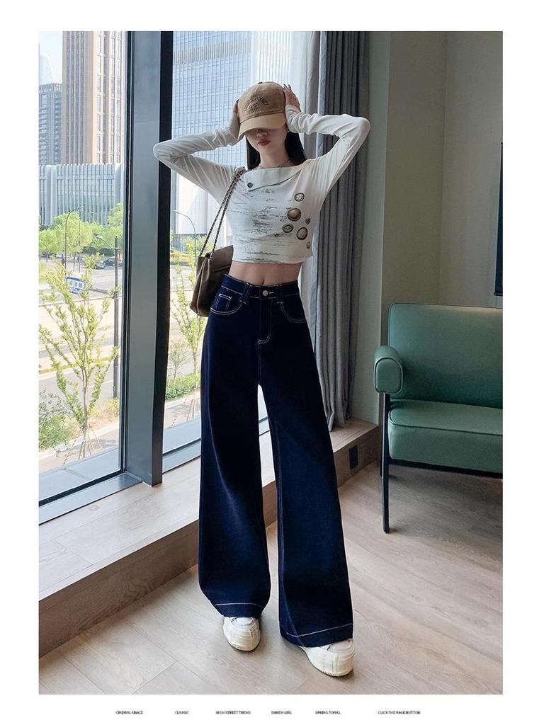 Women's High-Waist Straight-Leg Jeans with Leather Patch - Blue Wide-Leg, Floor-Length Denim for Autumn and Winter.