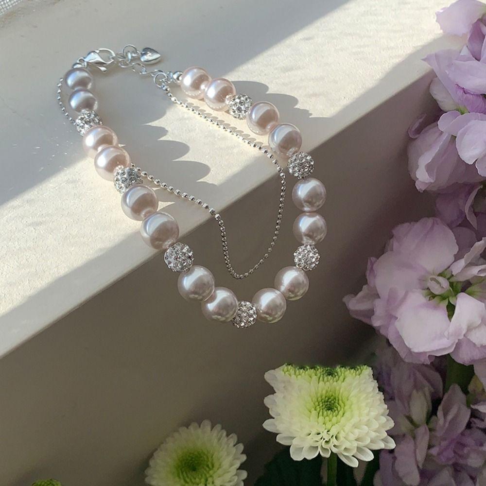 Charm Pearl Crystal Bracelet Shining Zircon Double Layer Bracelet Sweet Beaded Hand Bangle  Party