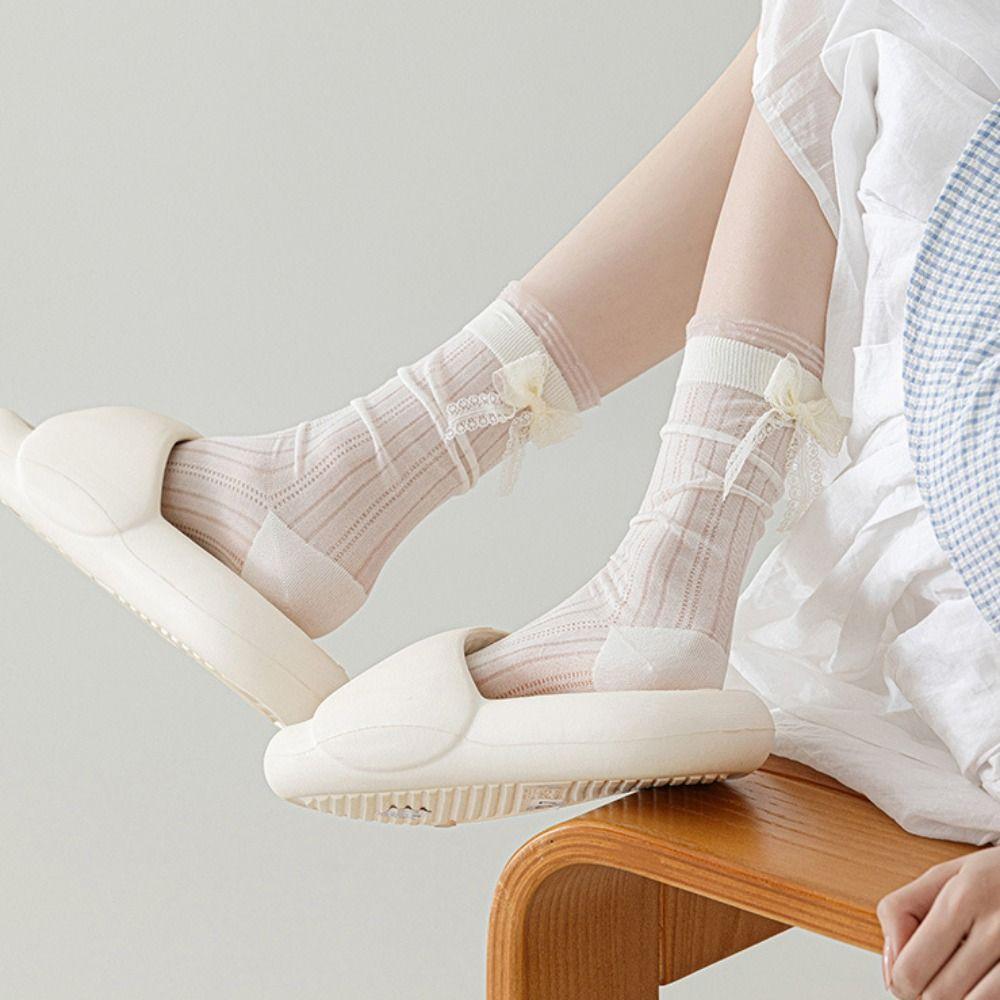 3Pairs Breathable Mid Tube Socks Ruffle Sweet Socks Women Fashion Mesh Bowknot Socks  Lady