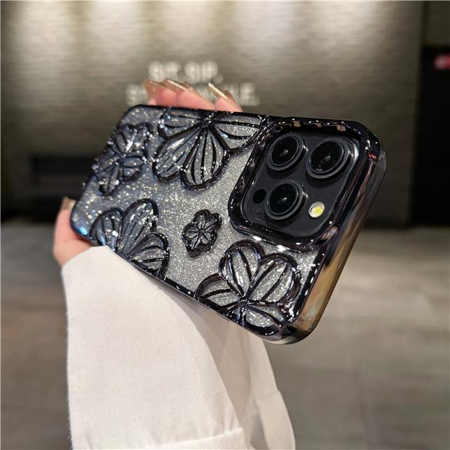 For iPhone 15 Pro Max Luxury Flash Glitter Flowers Plating Frame Phone Case For iPhone 11 12 13 14 15 16 Soft Protective Cover