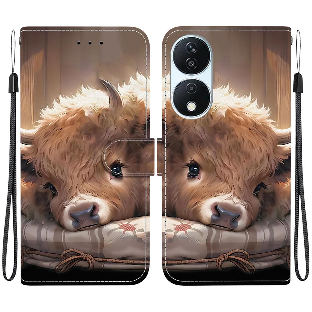 Handgefertigte PU-Leder-Flip-Hülle für Honor X7b Rutschfeste Stoßfeste Hülle mit Handschlaufe & Herz/Rose Katze Designs