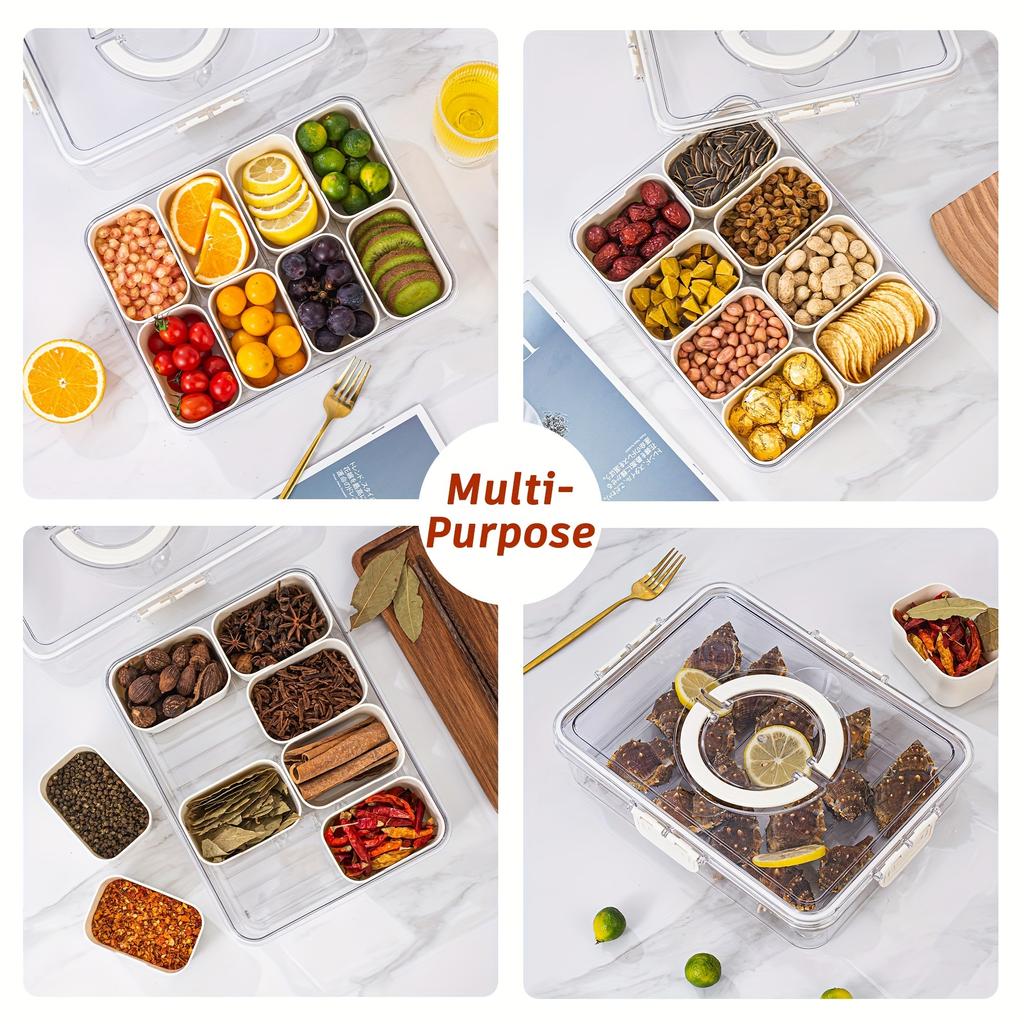 Multipurpose Divided Serving Tray with Secure Lid Handle Portable Charcuterie Platter Clear Snack Container for Party Entertaini