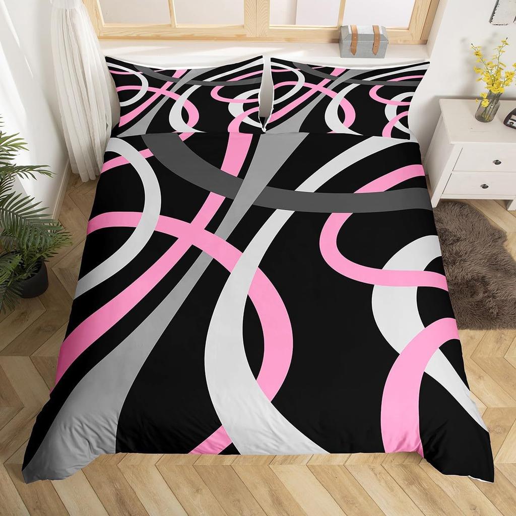Round Geometric Bedding Set Green Gray Black Abstract Art Bedspread Comfortable Three-Piece Set