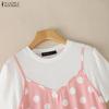 ZANZEA Women Casual Round Neck Short Sleeve Polka Dot Print Patchwork Summer Dress