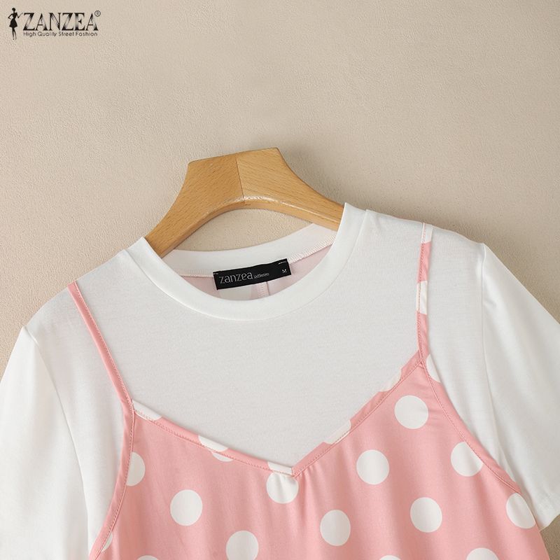 ZANZEA Women Casual Round Neck Short Sleeve Polka Dot Print Patchwork Summer Dress