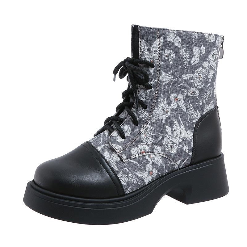Large Size Martin Boots Women's Autumn and Winter Wind Lace-up Comfortable Thick-soled Printed Fashion Short Boots
