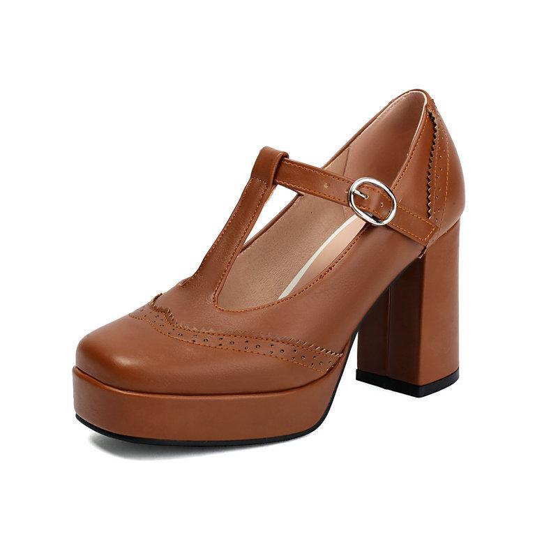 Bullock women's single shoes spring and autumn square head platform thick heel super high heel T-strap British style women's high heels