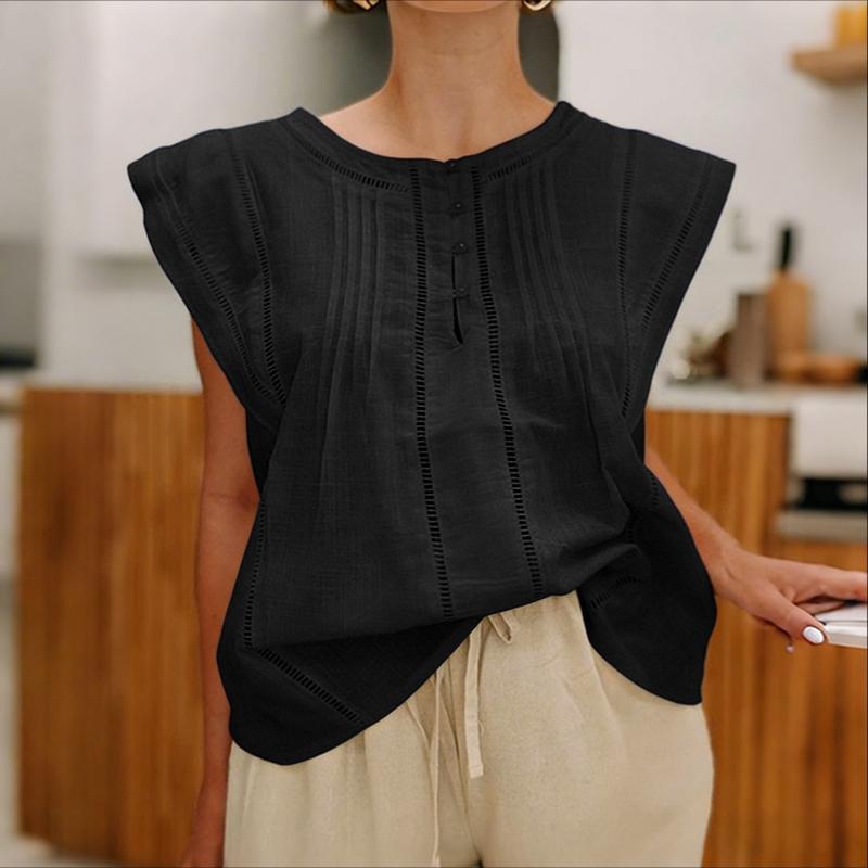 ZANZEA Blouse décontractée pour femme à col rond et manches courtes d'été de couleur unie