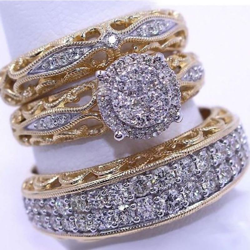 3 Pcs/set Fashion Colorful Zircon Inlaid Hollow Metal Ring for Women Accessories Jewelry Party Wedding Gift