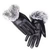 Winter women's imitation rabbit fur mouth PU gloves with velvet insulation cycling driving touch screen full finger