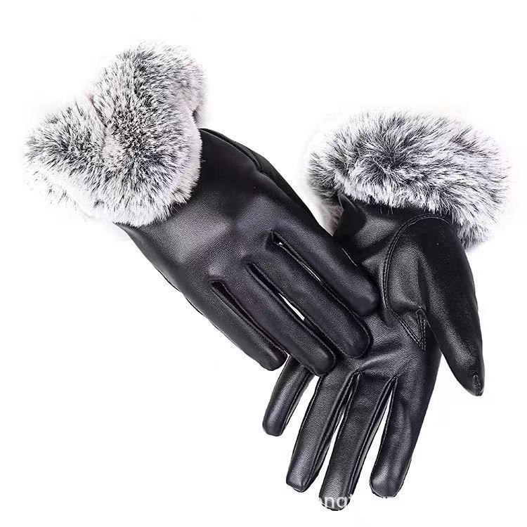 Winter women's imitation rabbit fur mouth PU gloves with velvet insulation cycling driving touch screen full finger